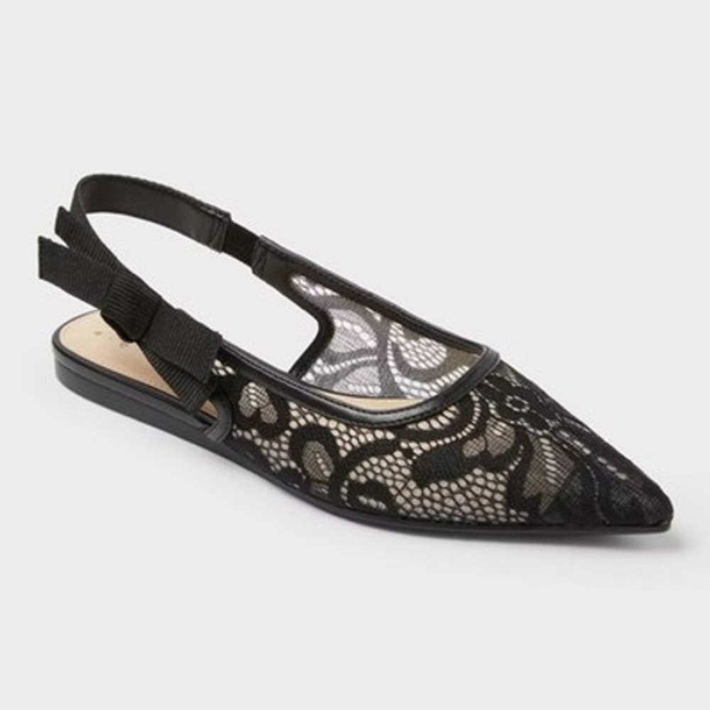 A New Day Womens Black Lace Slingback Flats Pointed Toe Bow Detail Size 9 NWT